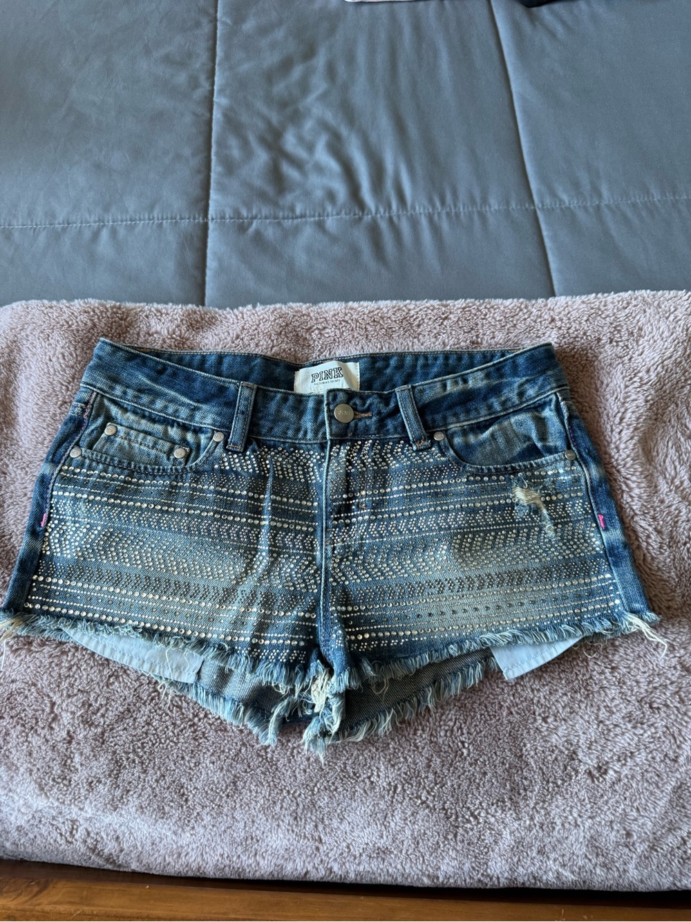 PINK Victoria's Secret Blue Studded Distressed Denim Shorts